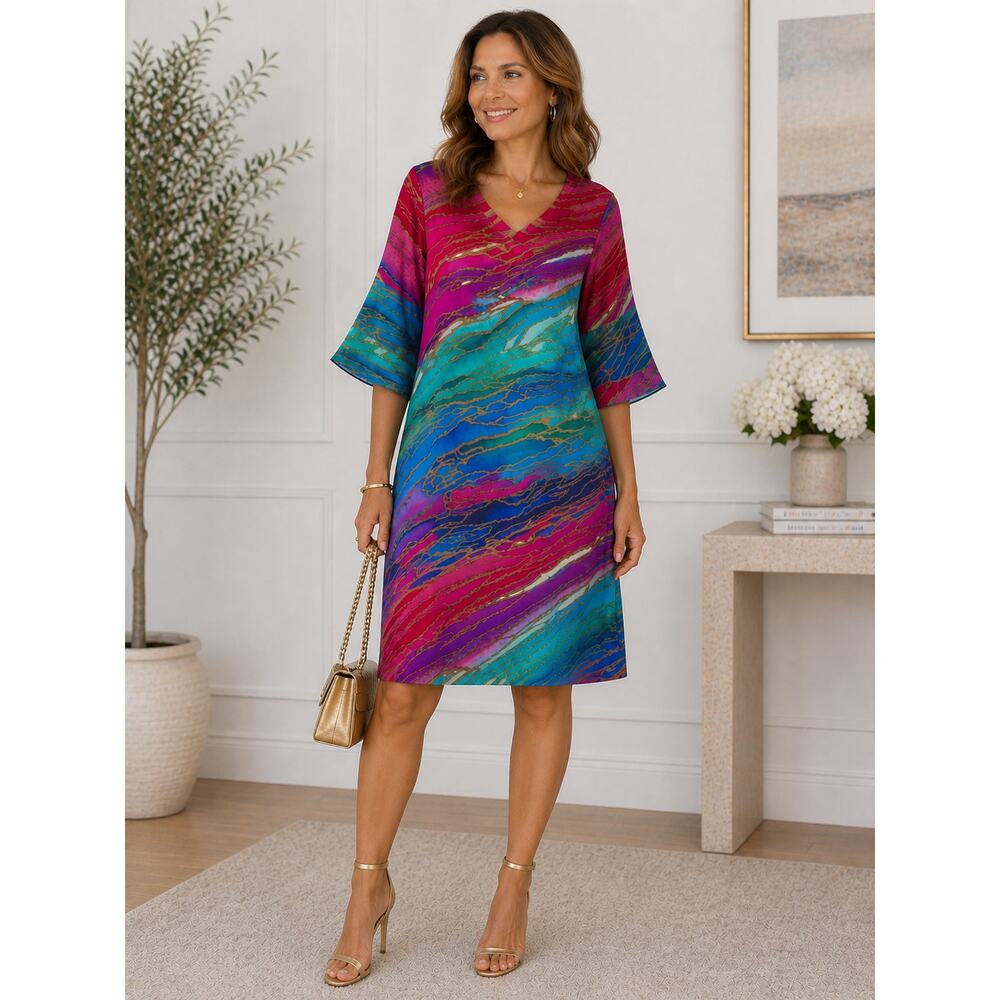 V-Neck Ruffled Tier Sleeve Multicolor Abstract Watercolor Summer Party Dress  M